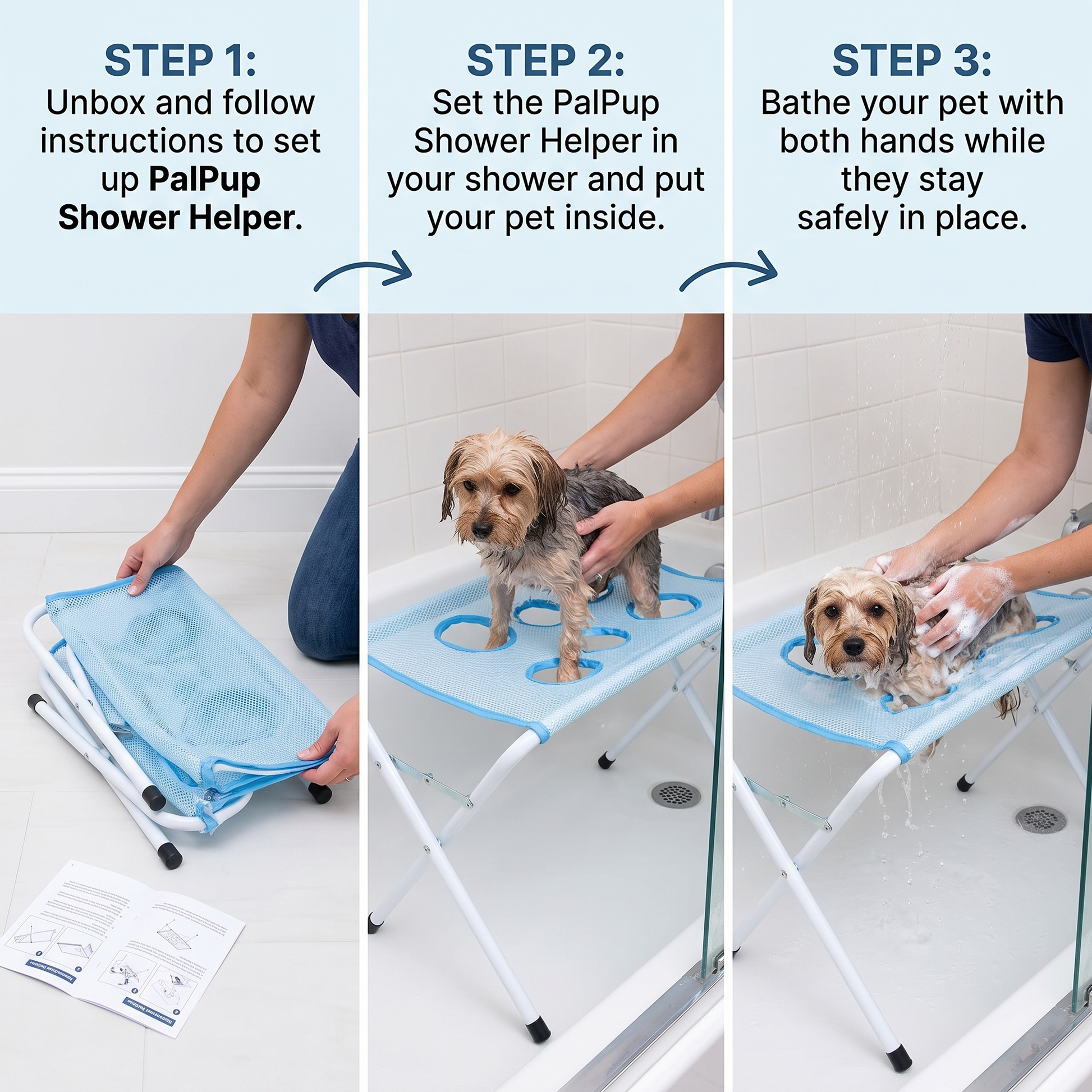 Dog secured in PupWash mesh sling during bath